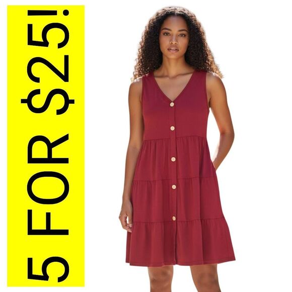 Soft Tiered Burgundy Sleeveless Button Down Dress with Pockets on Sale 5 for $25 - Picture 7 of 7